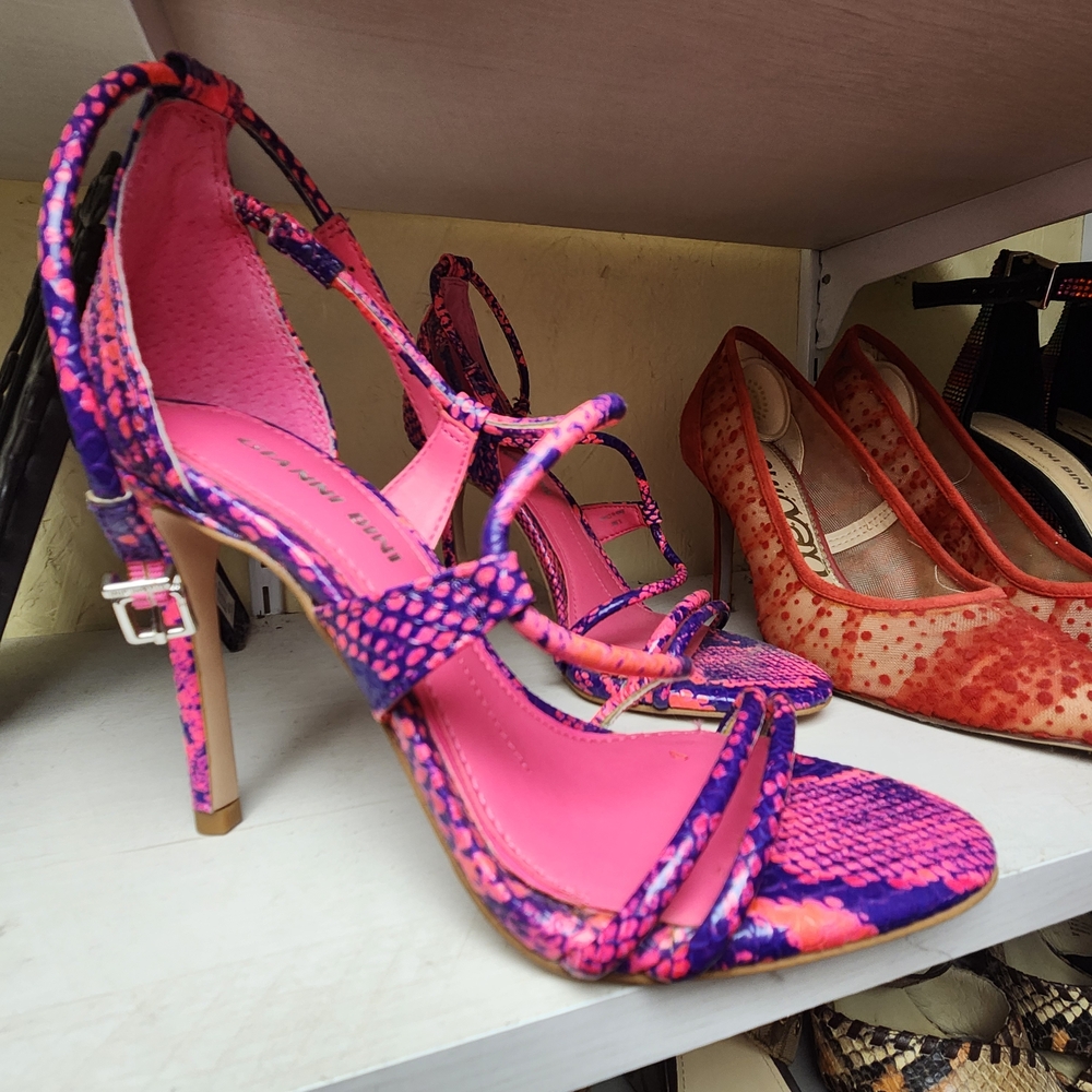 Gianni Bini   Women's Snakeskin Stiletto, w Ankle Strap -  Neon Pink and Purple